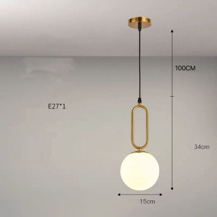 Pendul modern 1116/1CP, metal auriu și sticlă opală albă, glob geometric Ø15 cm [3]