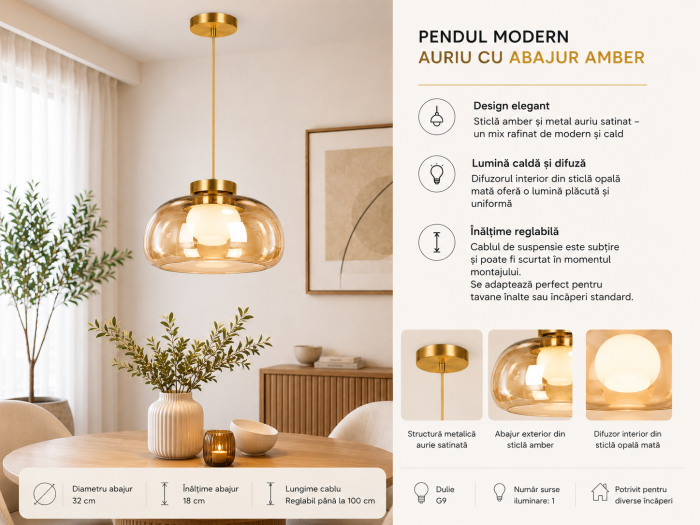 Pendul Modern 2621/1 din Sticlă Amber cu Glob Opal și Structură Auriu Satinat Ø32 cm [3]