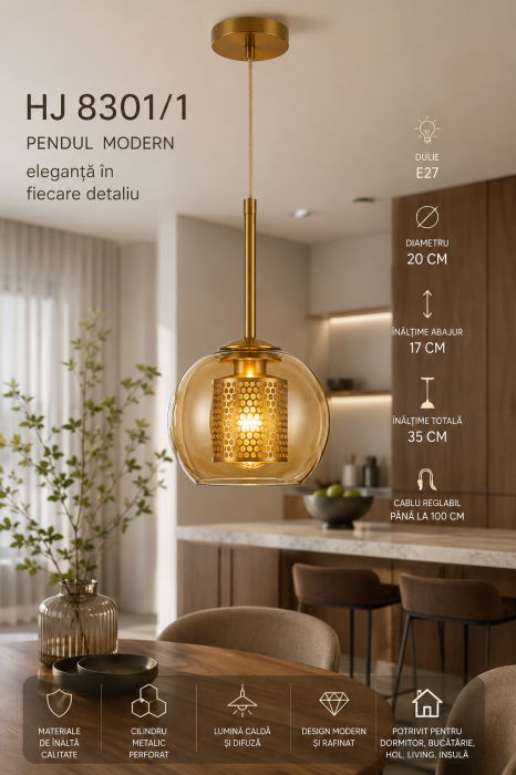 Pendul Modern HJ 8301/1 Auriu cu Glob din Sticlă Amber și Cilindru Metalic Perforat [2]
