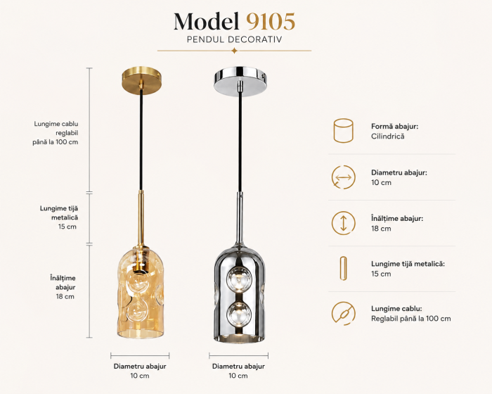 Pendul Suspendat 9105 E27 din Metal și Sticlă Decorativă, Auriu sau Crom, Ø10 c [3]