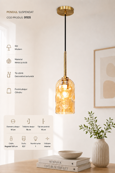 Pendul Suspendat 9105 E27 din Metal și Sticlă Decorativă, Auriu sau Crom, Ø10 c [2]
