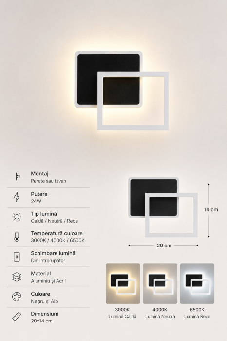 Plafonieră / Aplică LED YC37 Rotundă și Pătrată Negru Alb 24W 20x14 cm [2]