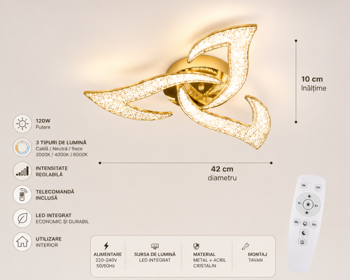Plafonieră LED Modernă 3101-3 Auriu Metal Acril Cristalin 120W cu Telecomandă [3]