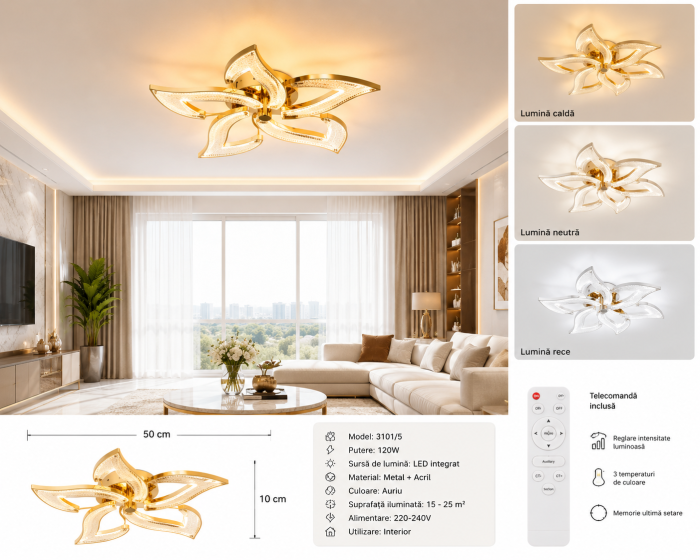 Plafonieră LED 3101/5 Aurie Floare 120W cu Telecomandă Ø50 cm [3]