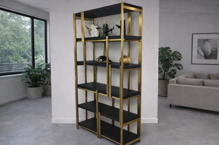 Raft decorativ 005N din metal auriu și lemn negru, design modern deschis, formă dreptunghiulară, 200 cm înălțime [2]