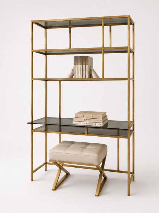 Raft metalic 200, auriu cu polițe sticlă fumurie, design modern 118x35x206 cm [2]