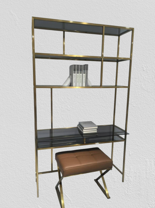 Raft metalic 200, auriu cu polițe sticlă fumurie, design modern 118x35x206 cm [2]