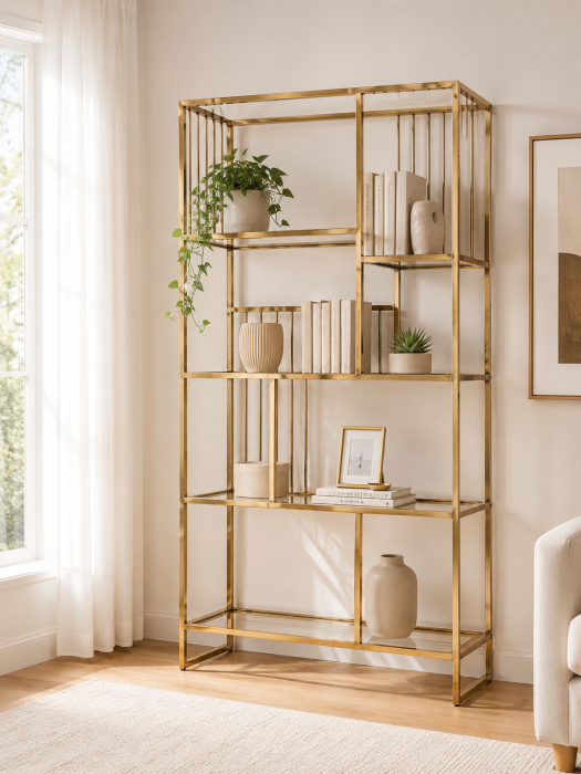 Raft metalic decorativ 001, metal auriu cu polițe din sticlă, design dreptunghiular modern, 200 cm înălțime [2]