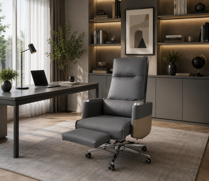 Scaun birou A19 Gri, piele premium, ergonomic, H130xL70x70 cm [2]