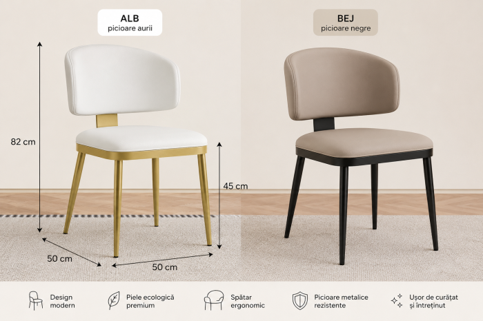 Scaun Dining A196 din Piele Ecologică Bej cu Picioare Negre [3]