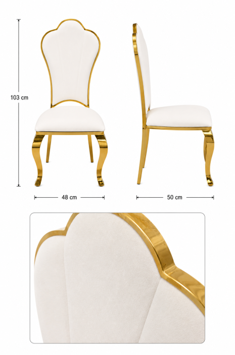 Scaun dining BC62 din catifea crem, cadru și picioare aurii, spătar evantai, 103 cm [3]