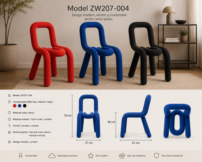 Scaun ZW207-004, cadru metalic și tapițerie catifelată, design tubular modern, roșu/albastru/negru [3]