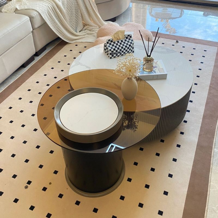 Set Măsuțe Cafea B07 din MDF și Marmură Compozit – 2 piese, cu Sertar și Tavă Integrată [3]