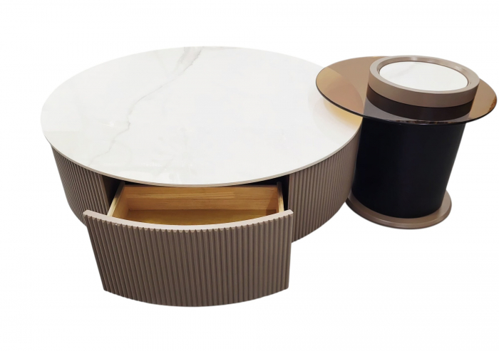 Set Măsuțe Cafea B07 din MDF și Marmură Compozit – 2 piese, cu Sertar și Tavă Integrată [5]