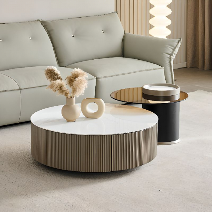 Set Măsuțe Cafea B07 din MDF și Marmură Compozit – 2 piese, cu Sertar și Tavă Integrată [1]