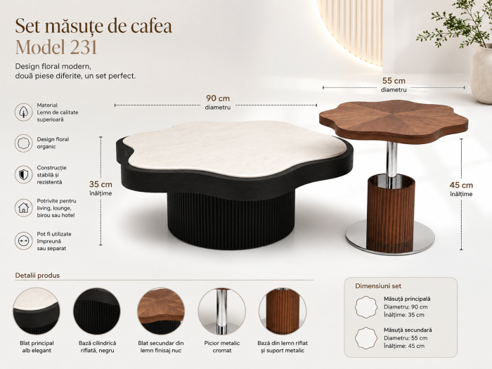 Set măsuțe de cafea Model 231 din lemn alb, negru și nuc cu design floral modern [3]