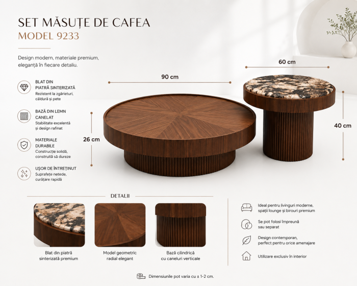 Set măsuțe de cafea rotunde 9233 din lemn și piatră sinterizată maro închis [3]