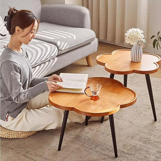 Set măsuțe YM116 metal negru lemn maro – formă de floare, 60x60 cm [2]