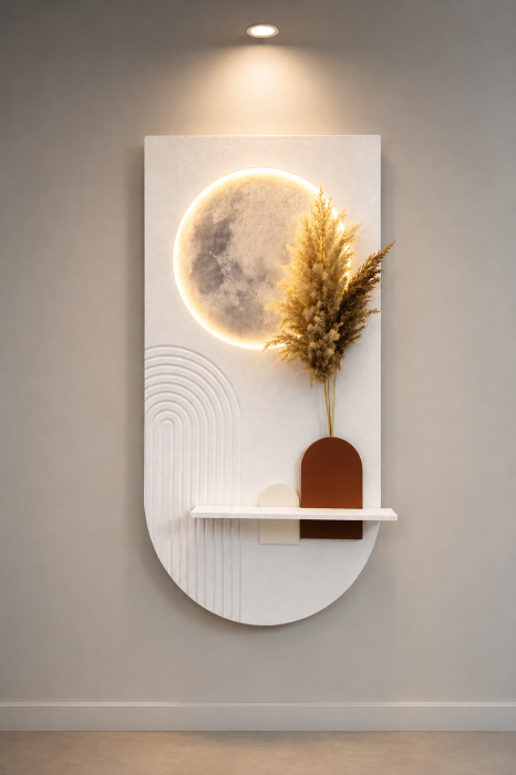 Tablou Decorativ LED Pământ, lemn alb texturat, poliță minimalistă și iluminare ambientală [2]