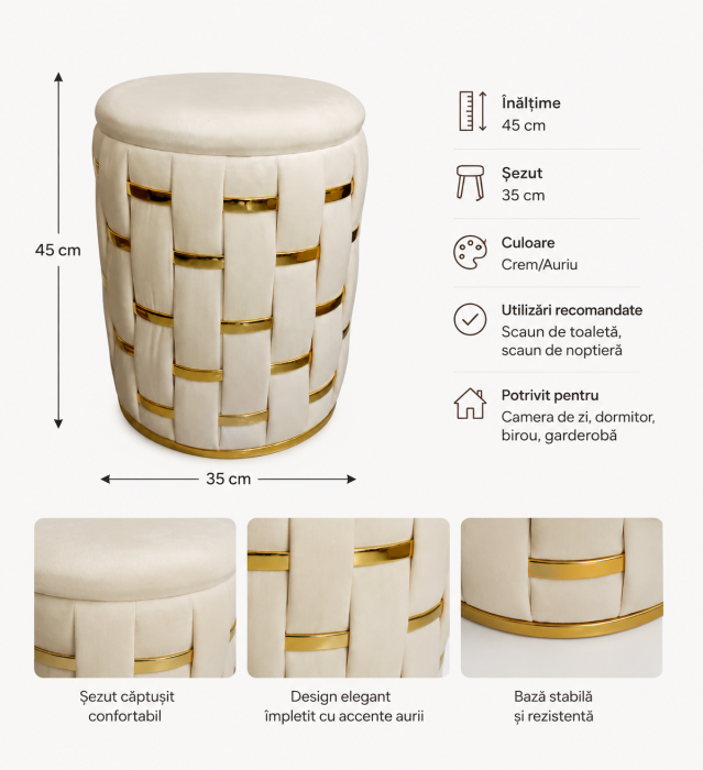 Taburet ZW 026177 crem și auriu, 45 cm, design elegant și versatil [2]