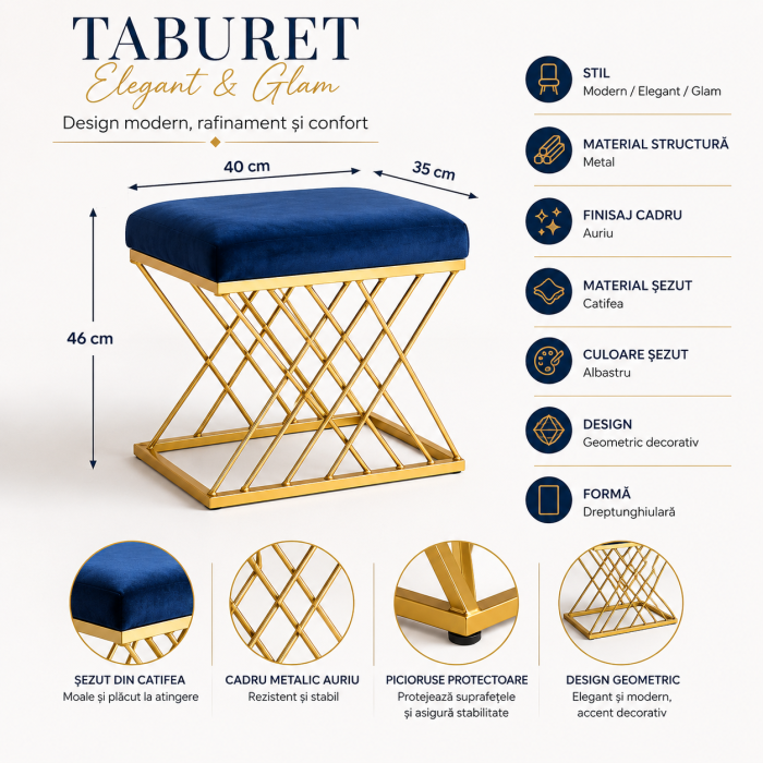 Taburet ZW025-100 S Catifea Albastră cu Cadru Metalic Auriu Modern [2]