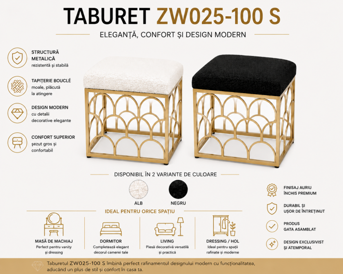 Taburet ZW025-100 S Metal Auriu cu Tapițerie Bouclé Albă [3]