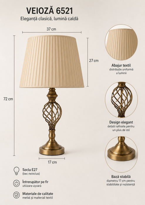 Veioză 6521 crem/bronz-auriu cu abajur textil E27, 72 cm – design elegant clasic-modern [3]