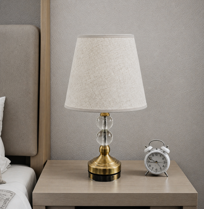 Veioză A 20279 aurie din metal și sticlă cu abajur textil crem, design cu sfere, H 40 cm [2]