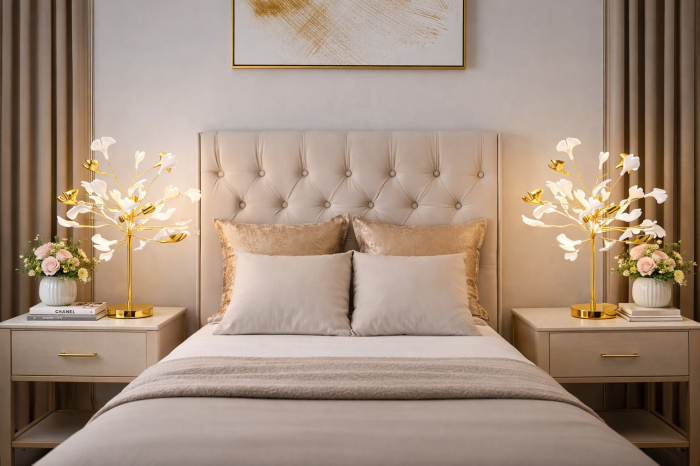 Veioză decorativă 9080 cu design floral, bază din metal auriu și petale albe, 80 cm [2]