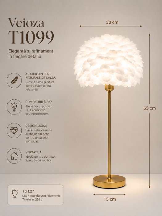 Veioză T1099 – Eleganță modernă cu abajur din pene naturale [2]