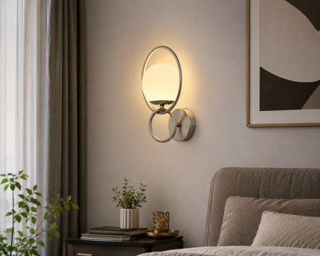 APLICE SI PLAFONIERE - Aplica 6131 CH metal argintiu cu abajur sticlă alb mat, soclu E14, design elegant