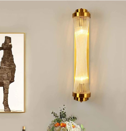 APLICE SI PLAFONIERE - Aplica de perete 6010 metal auriu cu acril transparent, formă conică rasucită, 2 socluri E14, 60 cm și 44 cm