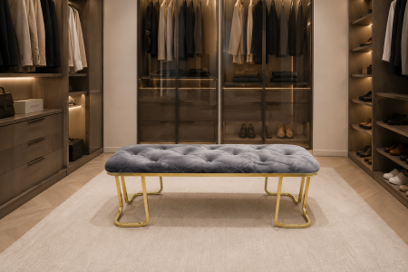 TABURETE - Bancă SF170015 din Catifea Gri cu Picioare Metal Auriu – Design Capitona­t