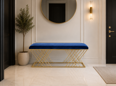 TABURETE - Banchetă ZW025-100 Catifea Albastră cu Structură Geometrică Aurie 120 cm