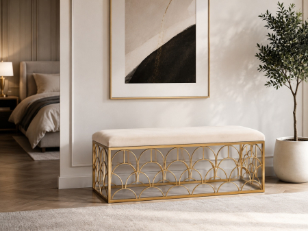 TABURETE - Banchetă aurie cu șezut catifea bej ZW025-100 120 cm