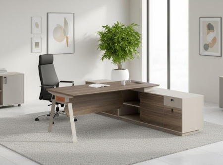 MOBILIER BIROU - Birou WS-T1601/160 lemn si metal maro-negru forma L cu spatii depozitare 160x160 cm