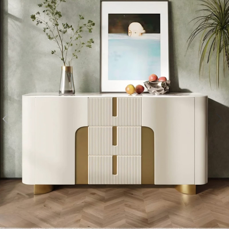 CABINETE - Cabinet 2088 MDF riflat bej, blat piatră sinterizată, design curbat cu accente aurii, 150 cm