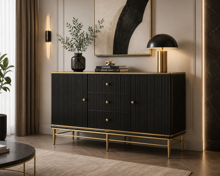 CABINETE - Cabinet T 810 modern cu nervuri, cadru metalic auriu și blat marmură compozit alb, alb sau negru, 150 cm lungime