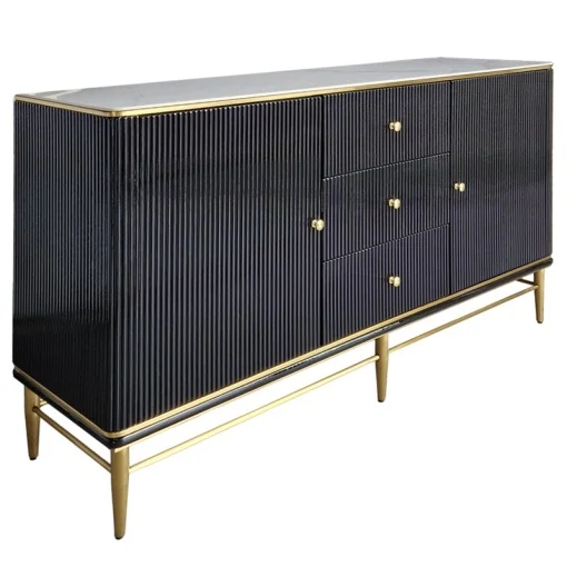 MOBILIER - Cabinet T 810 modern cu nervuri, cadru metalic auriu și blat marmură compozit alb, alb sau negru, 150 cm lungime