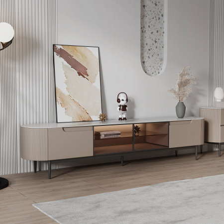 MOBILIER - Cabinet TV B07 – MDF și Marmură Compozit, Capucino, cu Sertare și Uși din Sticlă