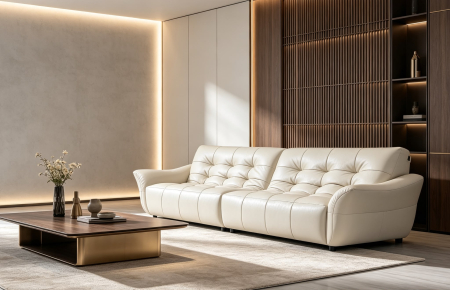 CANAPELE SI FOTOLII - Canapea BK229 crem deschis din piele naturală, lungime 310 cm, design modern
