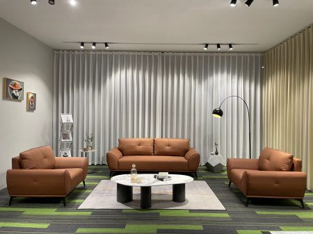 MOBILIER - Canapea model 2309, piele sintetică maro-coniac, structură lemn, 220 cm