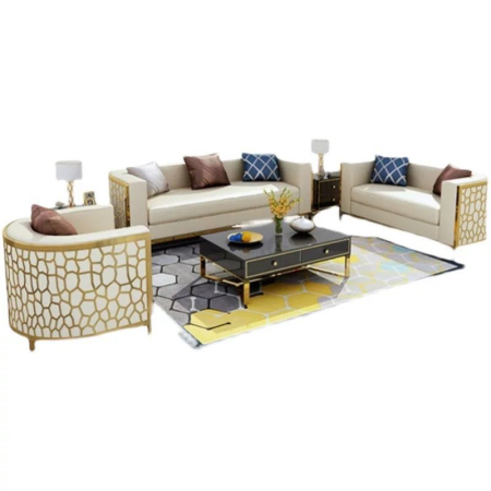 MOBILIER - Canapea SLF160, catifea cu cadru auriu, 2 locuri, 182×86×70 cm, crem/albastru