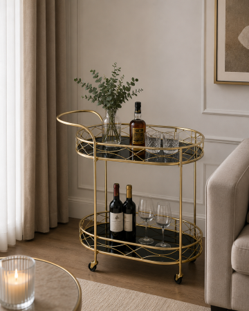 MASUTE CAFEA - Căruț pentru servit model 50158, metal auriu și blat sticlă oglindă neagră, 68x43x76 cm