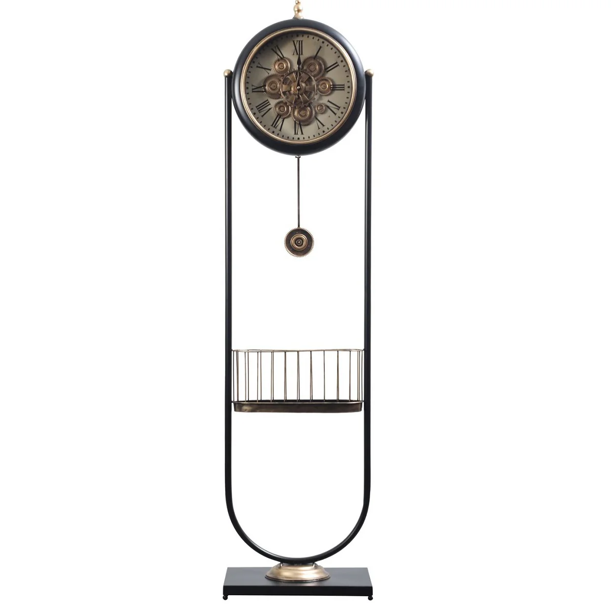 CEASURI - Ceas de podea E97, metal negru cu accente aurii, H180 cm, cadran 40 cm, cu tăviță