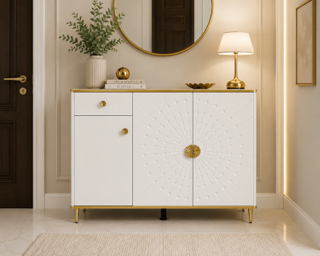 CABINETE - Comodă 2034 alb lucios, lemn masiv cu detalii aurii, model raze soare, 120 cm