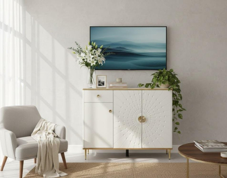 MOBILIER - Comodă 2034 alb lucios, lemn masiv cu detalii aurii, model raze soare, 120 cm