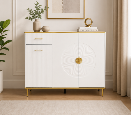 CABINETE - Comodă 2038 ,albă cu accente aurii, lemn cu blat tip marmură, model texturat, 120 cm