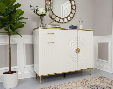 MOBILIER - Comodă 2038 ,albă cu accente aurii, lemn cu blat tip marmură, model texturat, 120 cm