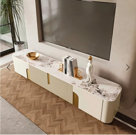 CABINETE - Comodă 2088 MDF bej cu blat piatră sinterizată marmură, accente aurii, 200 cm